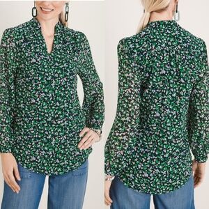 Chicos Abstract Dot Ditsy Floral Sheer Sleeve V Neck Round Hem Popover Blouse